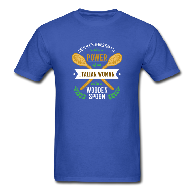 Never underestimate the power of an Italian woman with a wooden spoon T-shirt - royal blue