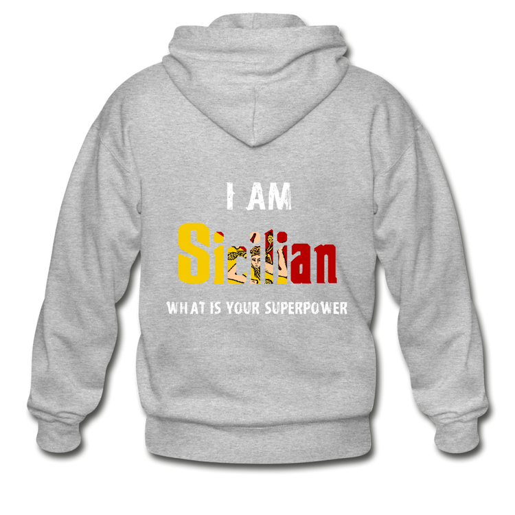 I am Sicilian what's your superpower? Unisex ZIP Hoodie Gildan Heavy Blend Adult Zip Hoodie - heather gray