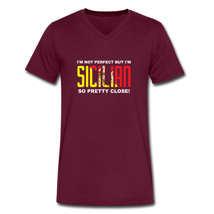 I'm not perfect but I'm Sicilian. So pretty close Unisex V-neck T-shirt - maroon